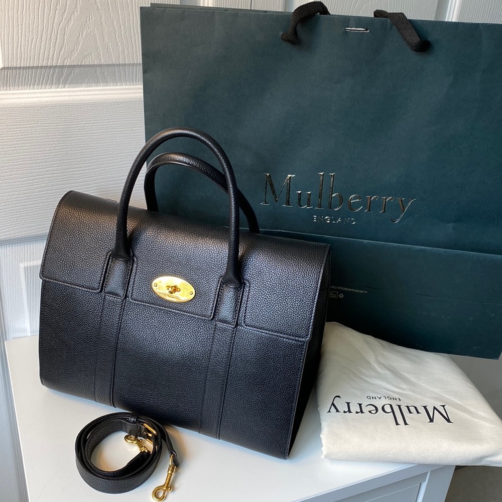 *New* Mulberry Bayswater bag with strap, black grained leather, gold hardware
